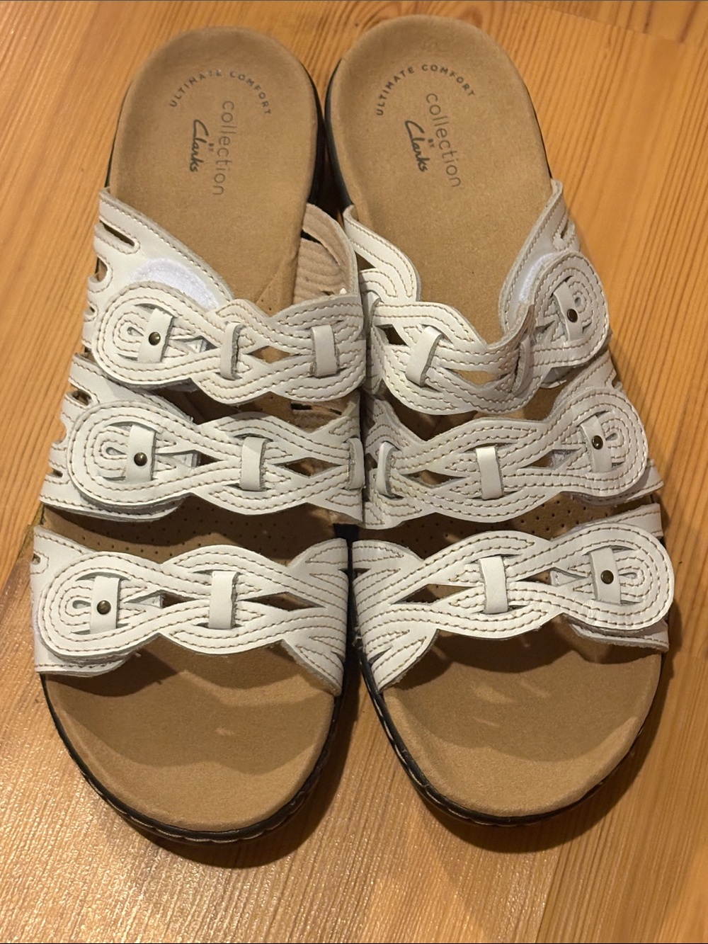 Clarks White Braided Slide Sandals